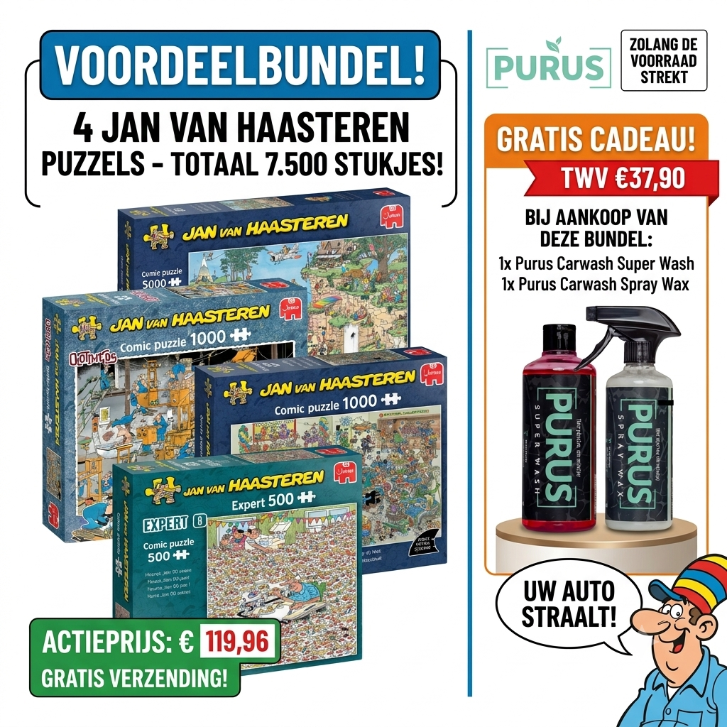 4 stuks Jan van Haasteren totaal 7.500 stukjes + Gratis Super wash autoshampoo + Gratis spray wax